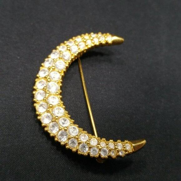 Crescent Moon Swarovski Signed Swan Logo Crystal Rhinestone Brooch, 1 3/4 Inches - Picture 5 of 9